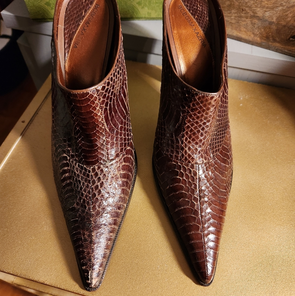 BCBG MaxAzria Snake Print Leather Heeled Mules size 8